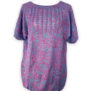 🍀HANDMADE Pink Blue Boat Neck Open Back Short Sleeve Knit Sweater Size XL